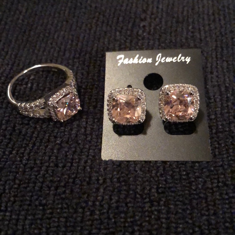 Cushion cut pink ring and earrings